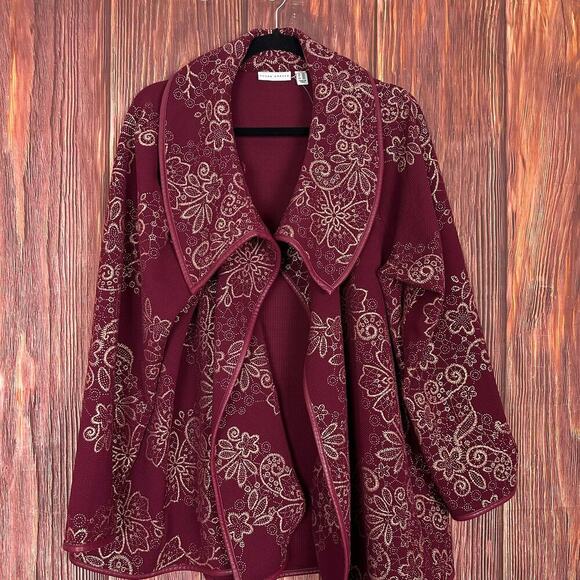 Susan Graver Foil Printed Textured Knit Jacket Red Single Button Womens Size 2X - Picture 2 of 7